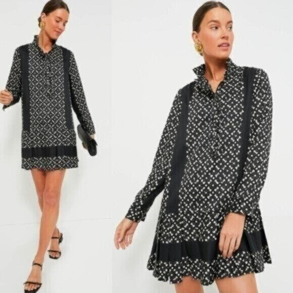 Tuckernuck NEW Black Geo Tate Tencel Long Sleeve Drop Waist Mini Dress Size XXS